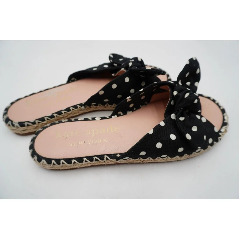 Kate Spade New York Saltie Shore Espadrille Slide Sandals Black Polka Women's 8B